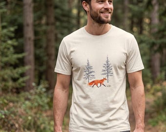 Fox Among Pine Trees T-Shirt | Minimal Woodland Nature Tee