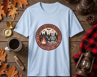 Campfire Ghost Stories Tee, Skeleton Bats, Vintage Halloween Shirt