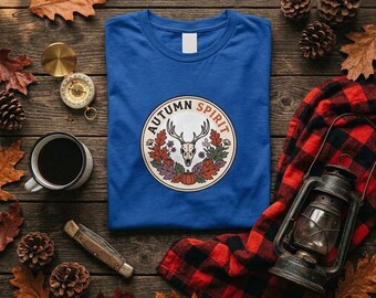 Autumn Spirit Deer Skull Tee, Woodland Fall Leaves Pumpkin Shirt (Cotton)