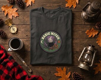 Basic Witch Shirt, Cauldron Herbs Pumpkin Badge Tee, Cottagecore Halloween Gift
