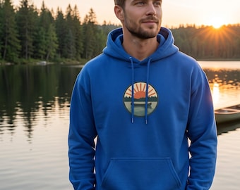 Sunset Lake Badge Hoodie | Retro Sunrise Landscape