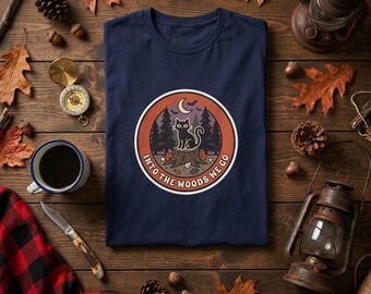 Into the Woods Cat Shirt, Night Forest Moon Retro Camp Tee, Cottagecore Camping T-Shirt