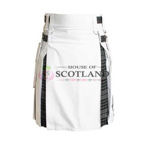 White Cotton Utility Hybrid Kilt For Men - Handmade Kilt Made to Order - Clan Tartans Pipe band Pride