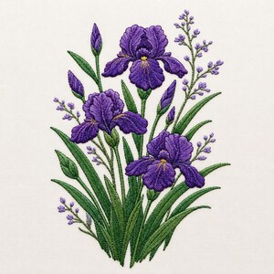 May include: An embroidery design featuring three vibrant purple iris flowers with yellow centres, surrounded by green leaves, stems, and small purple buds. The detailed needlework showcases intricate textures and shading on the petals and foliage.