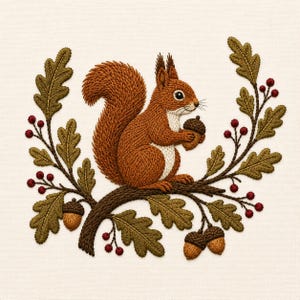 May include: An embroidery design featuring a brown squirrel with a white chest sitting on a dark brown branch. The squirrel holds a brown acorn. The scene is framed by green oak leaves and small red berries on thin stems against a cream background.