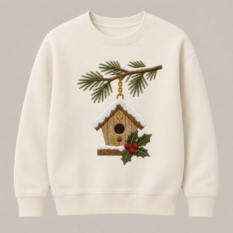 May include: A cream-coloured crewneck sweatshirt featuring a central embroidered design of a wooden birdhouse hanging from a pine branch. The birdhouse is topped with white snow, a small gold heart, and is decorated with green holly and red berries.