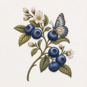 Puede incluir: Un diseño de bordado detallado que muestra una rama con arándanos azul oscuro, hojas verdes, pequeñas flores blancas y capullos cerrados. Una mariposa azul y beige con patrones de alas intrincados está posada sobre un arándano.