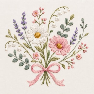 May include: A hand-embroidered bouquet on off-white fabric featuring a white daisy, a pink daisy, purple lavender sprigs, white lily of the valley, and small pink flowers with green leaves, all tied together with a pink embroidered ribbon bow.