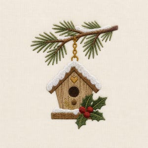 May include: An embroidery design featuring a wooden birdhouse hanging from a green pine branch. The birdhouse has a dark circular entrance, a small gold heart, and white snow on the roof and base. Green holly leaves and red berries are attached.