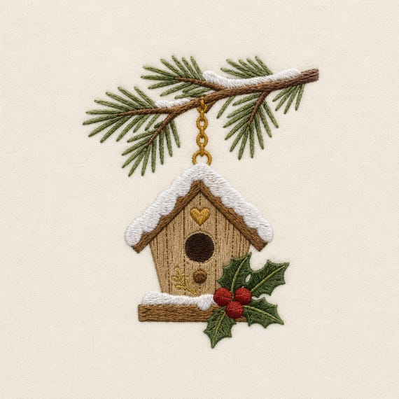 Birdhouse ornament embroidery design, snowy pine branch with holly machine embroidery file, rustic Christmas digital download