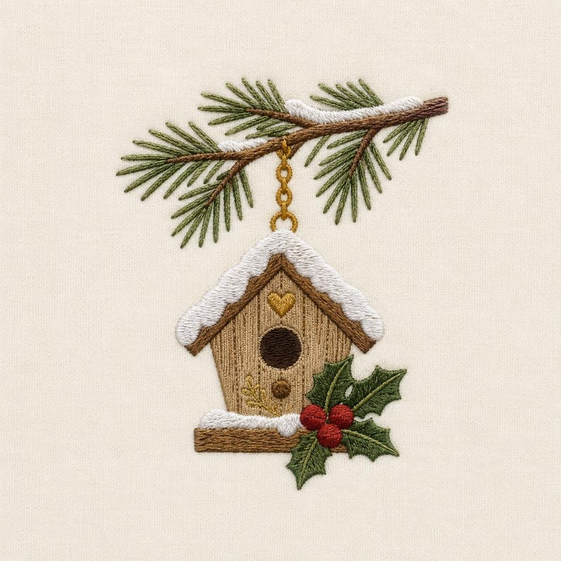 May include: An embroidery design featuring a wooden birdhouse hanging from a green pine branch. The birdhouse has a dark circular entrance, a small gold heart, and white snow on the roof and base. Green holly leaves and red berries are attached.