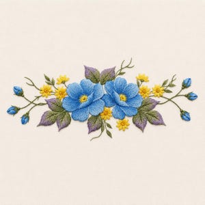 May include: An embroidery design featuring two large blue flowers with yellow centres, surrounded by smaller yellow blossoms, green leaves with purple shading, and delicate blue flower buds extending outwards on thin, curved stems.