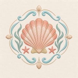 Peut inclure: Un motif de broderie représentant une coquille Saint-Jacques couleur pêche au centre, flanquée de deux petites étoiles de mer corail. La coquille est entourée d'un cadre ovale de lignes bleu clair, de brins d'algues verts et de feuilles dorées.