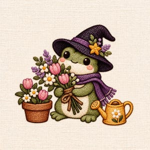 Puede incluir: Un bordado de una rana verde con un sombrero puntiagudo morado oscuro con una estrella amarilla y una bufanda morada. La rana sostiene un ramo de tulipanes rosas, margaritas blancas y lavanda. Incluye una maceta marrón y una regadera amarilla.