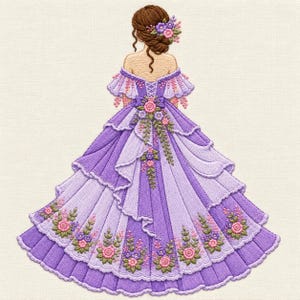 May include: An embroidery design featuring a person with brown hair styled in an updo adorned with purple and pink flowers. The person wears a voluminous, off-the-shoulder ball gown in shades of lavender and purple, decorated with floral motifs.