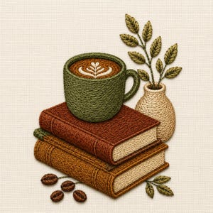 May include: An embroidered artwork featuring a green mug filled with coffee displaying latte art, resting on a stack of two brown books. Beside the books is a beige vase containing green leafy branches, with four coffee beans scattered below.