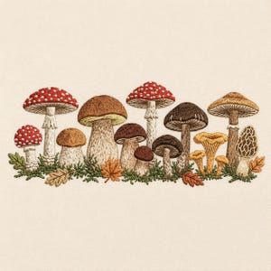 May include: An embroidery design featuring a variety of mushrooms including red and white spotted toadstools, brown capped boletes, golden chanterelles, and a textured morel, all nestled among green moss and small fallen autumn leaves.