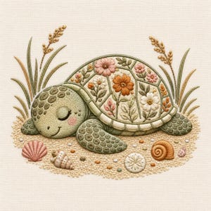 Op de afbeelding: Een borduurontwerp met een slapende zeeschildpad met een bloemmotief op het schild. De schildpad is omringd door geborduurde tarwestengels, schelpen en een zanddollar op een gestructureerde zandkleurige ondergrond in groen, roze en beige.