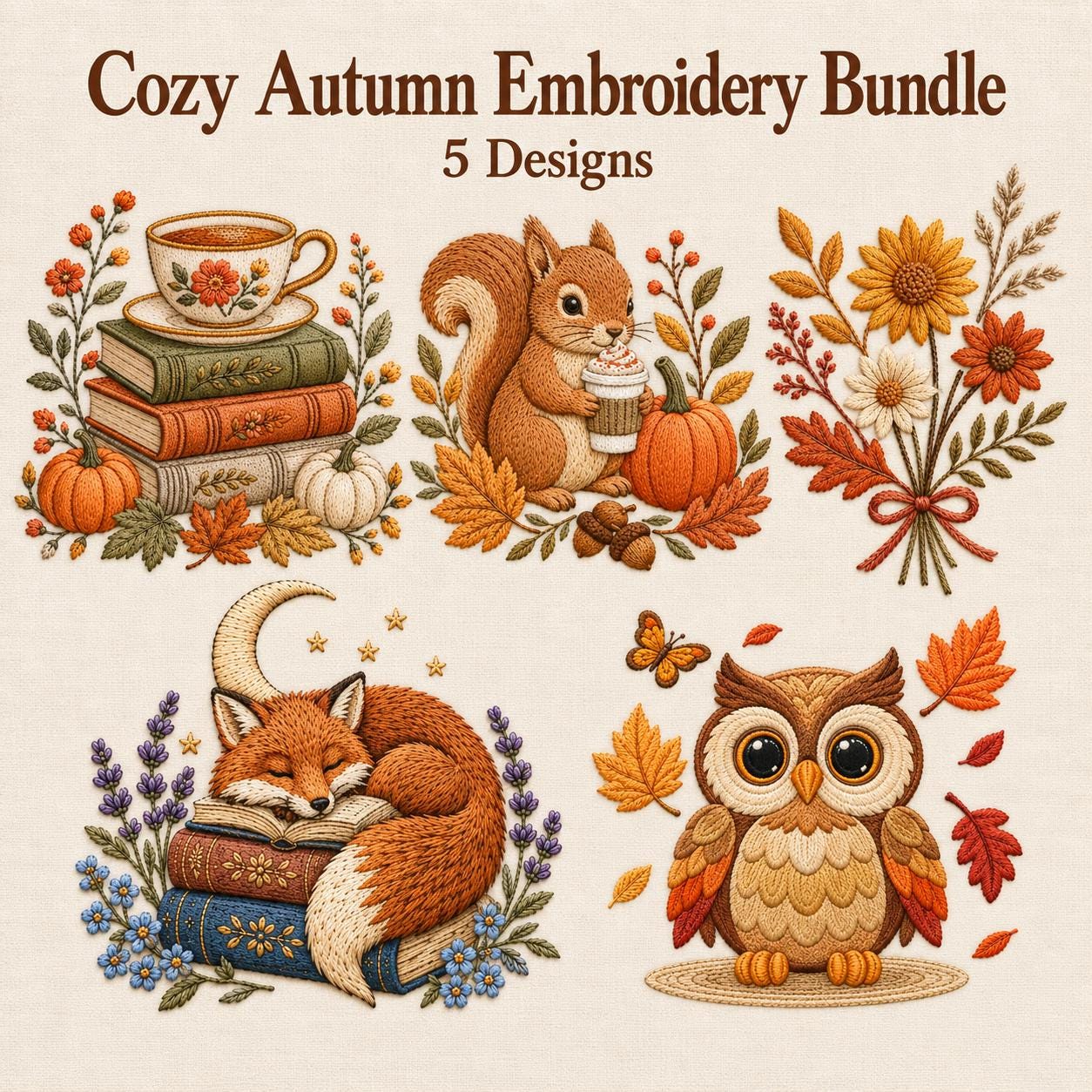 Cozy Autumn Embroidery Bundle, Squirrel Fox Owl Pumpkin Floral Designs (Digital File)