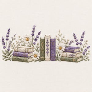 May include: An embroidery design featuring a stack of books in shades of green, cream, and purple, surrounded by stitched sprigs of lavender and white daisy flowers. The books are arranged in both horizontal stacks and vertical rows.
