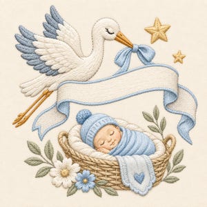 May include: An embroidery design featuring a white stork with blue-tipped wings carrying a blue ribbon banner. Below, a baby wearing a blue knit hat and swaddled in a blue blanket sleeps in a woven basket, accented by white and blue flowers.
