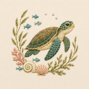 Può includere: Un ricamo raffigurante una tartaruga marina nei toni del verde e del marrone, circondata da una ghirlanda di alghe verdi, corallo rosa, due conchiglie e diversi piccoli pesci blu con minuscole bolle bianche su un tessuto color crema.