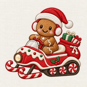 May include: An embroidered patch featuring a brown gingerbread person wearing a red and white Santa hat and earmuffs, riding a red snowmobile with candy cane skis, a headlight, and a sack filled with wrapped Christmas gifts on the back.