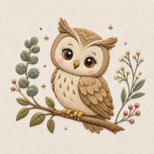 May include: An embroidery design featuring a brown and cream owl perched on a branch. The owl has large dark eyes and pink cheeks. It is surrounded by green eucalyptus leaves, small floral sprigs with pink berries, and tiny gold star accents.