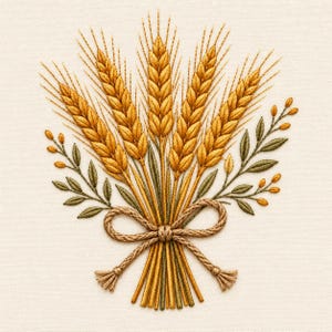 Könnte beinhalten: Ein Stickdesign mit einem zentralen Strauß aus goldenen Weizenähren, die mit einer beigen Kordelschleife zusammengebunden sind. Das Arrangement wird durch zarte grüne Blätter und kleine goldene Knospen an dünnen Stielen auf cremefarbenem Stoff ergänzt.