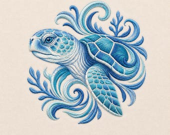 Puede incluir: Un diseño de bordado que muestra una tortuga marina en tonos azules y blancos. La tortuga está rodeada de intrincados patrones acuáticos en espiral y motivos vegetales, todo ello realizado con un detallado trabajo de hilo sobre tela clara.