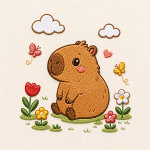 Broderidesign med kapybara, blommigt fjärilsmönster, barnkonst (digital nedladdning)