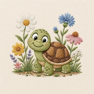 May include: An embroidery design featuring a smiling green turtle with a brown shell, surrounded by a variety of colorful flowers including a large white daisy, a blue cornflower, a pink coneflower, and small yellow and purple blossoms.