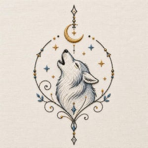 Puede incluir: Un diseño de bordado sobre tela crema que muestra un lobo gris y blanco aullando a una luna creciente dorada. La escena está enmarcada por un borde circular de hilo oscuro, pequeñas cuentas azules y doradas, estrellas y motivos de hojas.