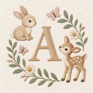 May include: An embroidery design featuring a large tan letter A centered between a light brown rabbit and a spotted fawn. The scene is framed by green leafy branches, two small pink butterflies, and two white daisies with yellow centers.