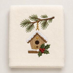 May include: A cream-coloured towel featuring an embroidered design of a wooden birdhouse hanging from a pine branch. The birdhouse is covered in white snow, accented with a small gold heart, and decorated with green holly leaves and red berries.