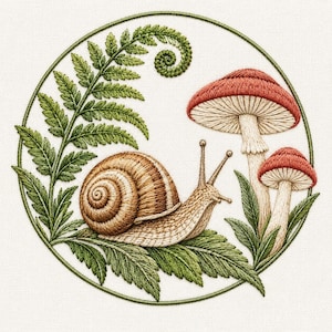 Può includere: Un ricamo circolare su tessuto bianco raffigurante una lumaca marrone che striscia su foglie di felce verdi accanto a due funghi con cappelli rossi e gambi color crema. L'intera composizione è racchiusa in un sottile bordo circolare verde.