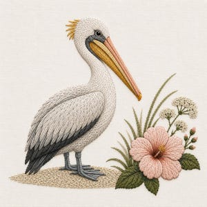 May include: An embroidery design featuring a white pelican with a yellow and pink beak, standing on a textured beige patch. Beside the bird is a large pink hibiscus flower, green leaves, and small white floral clusters on a white fabric.