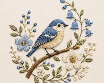 Disegno per ricamo floreale di uccellino azzurro, file per ricamo a macchina di uccelli primaverili, motivo botanico boschivo