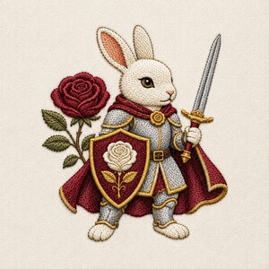 May include: An embroidered patch featuring a white rabbit dressed in silver armor with a deep red cape. The rabbit holds a silver sword and carries a shield displaying a white rose. A single dark red rose with green leaves sits to the left.