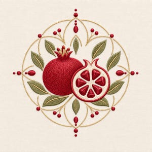 May include: A circular embroidery design featuring a whole red pomegranate and a halved pomegranate section. The fruit is surrounded by green leaves and gold thread outlines, accented with small red dots arranged in a symmetrical pattern.