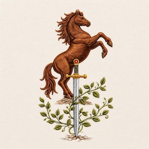 Horse and Sword Embroidery Design, Rearing Stallion Machine Embroidery, Medieval Botanical Digital Download