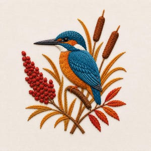 May include: An embroidery design featuring a vibrant blue and orange kingfisher perched on a brown branch. The bird is surrounded by tall golden grasses, two brown cattails, a cluster of small red berries, and several orange-red leaves.