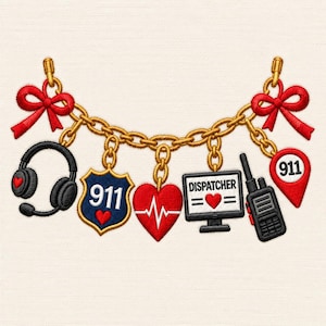 May include: An embroidered charm bracelet design featuring a gold chain with red bows at each end. Charms include black headphones, a blue shield with 911, a red heart with an EKG line, a computer monitor labelled DISPATCHER, a walkie-talkie, and a 911 pin.