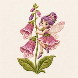 Peut inclure: Un motif de broderie représentant une fée aux cheveux violets et à la robe rose, agrippée à une grande digitale verte. La fée a la peau claire, des oreilles pointues et des ailes translucides. La digitale porte des fleurs roses en cloche.