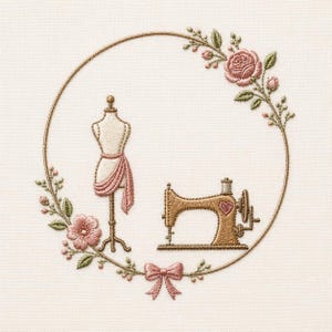 May include: An embroidery design featuring a circular frame of pink roses and green leaves. Inside the circle is a cream-colored dress form draped with pink fabric and a brown sewing machine with a small pink heart detail and a pink bow.