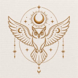 May include: An embroidery design featuring a central owl with outstretched wings, rendered in metallic gold thread on a cream fabric. The owl is framed by a circular dotted border, a crescent moon, and various star motifs, with dangling beaded accents.