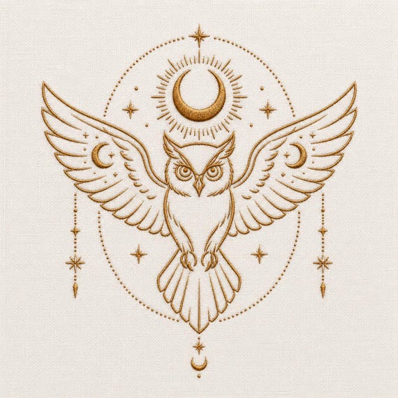 Celestial Owl Embroidery Design, Moon Stars Machine File (Digital Download)