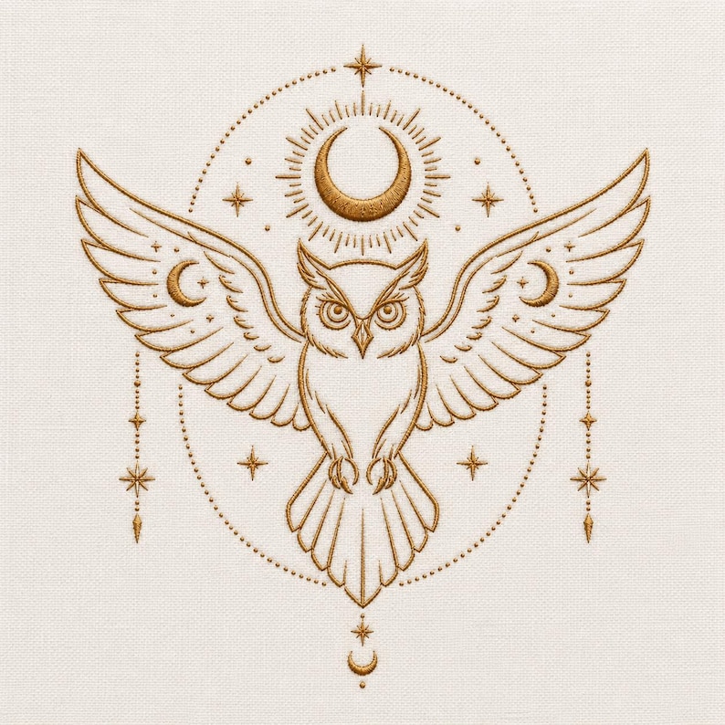 May include: An embroidery design featuring a central owl with outstretched wings, rendered in metallic gold thread on a cream fabric. The owl is framed by a circular dotted border, a crescent moon, and various star motifs, with dangling beaded accents.