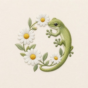 May include: An embroidery design featuring a bright green lizard with textured scales positioned alongside a circular wreath of white daisy flowers with yellow centers and green leaves, all stitched onto a plain off-white fabric background.