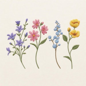 May include: An embroidery design featuring four distinct botanical stems on a cream background. The stems include purple bell-shaped flowers, pink daisy-like blossoms, a branch of light blue berries, and yellow flowers with green leaves.